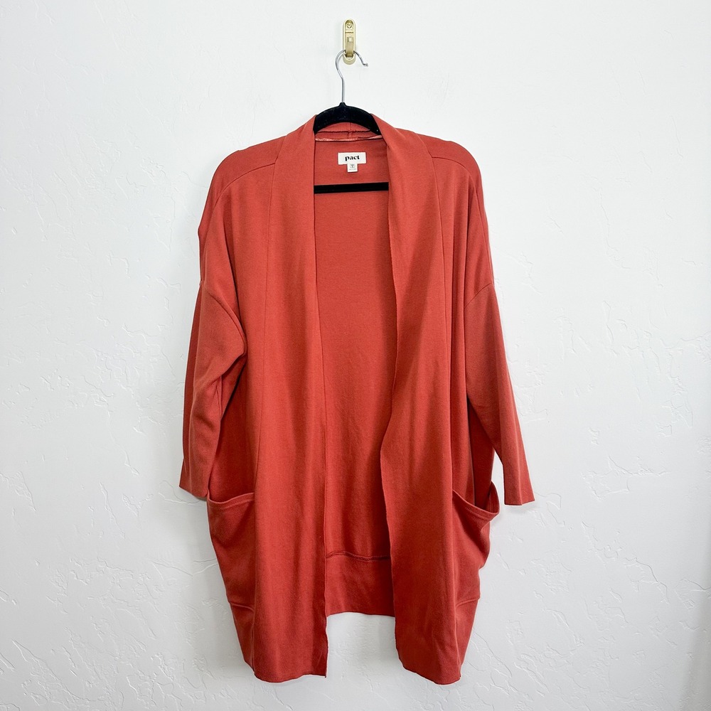 Pact | Airplane 100% Organic Cotton Open‎ Front Cardigan in Baked Clay Orange - Picture 2 of 6